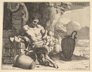 Wieczór: siedzący satyr obejmuje swoje dziecko, postać wisi girlandę na pomoście za nią, f..., ok. godz. 1640. autorstwa Charles Le Brun