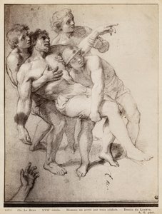 Półnagi mężczyzna wspierany przez trzech mężczyzn, studium do „Aleksander Wielki i Porus” lub „Klęska Porusa”, ok. 1665-73 (pierre noire i białe kredowe refleksy na beżowym papierze) autorstwa Charles Le Brun