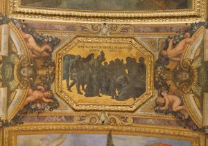 Pomoc ludowi podczas głodu w 1662 r., Malowidło na suficie z Galerie des Glaces autorstwa Charles Le Brun