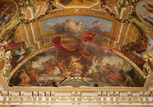 Holandia akceptuje pokój i odłącza się od Świętego Cesarstwa Rzymskiego i Hiszpanii w 1678 r., malowidło na suficie z Galerie des Glaces autorstwa Charles Le Brun