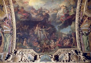 Król Ludwik XIV (1638-1715) rządzący samotnie w 1661, malowidło na suficie z Galerie des Glaces autorstwa Charles Le Brun