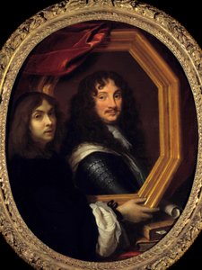 Portret artysty (lub autoportret) przedstawiający obraz wojskowy autorstwa Charlesa Lebruna (Le Brun) (1619-1690) XVII-wieczne Słońce. 1,04x0,85 m - Portret artysty (lub autoportret) trzymającego portret wojskowy. Obraz Charlesa Lebru autorstwa Charles Le Brun