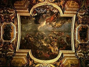 Widok króla zdobywającego Maastricht w trzynaście dni w 1673 r. i Przejście nad Renem w obecności wrogów w 1672 r., malowidło na suficie z Galerie des Glaces autorstwa Charles Le Brun
