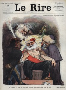 Emile Loubet - Darmowe Prezydenckie Emerytury - Panie Loubet - Ciężko mi wbić ich przekonania w skórę! - (Charles Leandre (1862-1934) kpi z państwa, kościoła i wojska przy łóżku prezydenta LOUBETA, pokryty makonicznymi i innymi znakami) karykatura autorstwa Charles Leandre