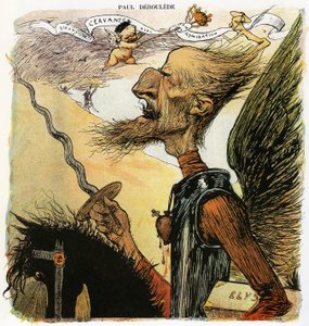 Paul Deroulede (1846-1914), francuski pisarz i działacz nacjonalistyczny, ważny aktor antydreyfusyzmu, karykatura Charlesa Leandre jako rycerza Don Kichota: idąc do walki z wiatrakami, niesie pod pachą walizkę z napisem „Elysee””” – Drawi autorstwa Charles Leandre