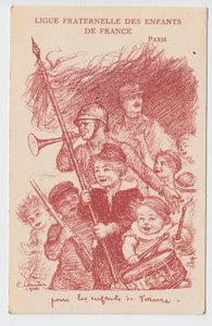 Pocztówka, Satyryka w kolorach: Braterska Liga Dzieci Francji - Wojna 14-18, Dzieciństwo, Dni Patriotyczne Ilustracja Charles Leandre (1862-1934) autorstwa Charles Leandre