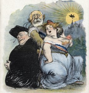 Oddzielenie od Kościoła i państwa: „” francuski polityk Jean-Bienvenu Martin (Bienvenu-Martin) (1847-1943), minister edukacji publicznej, sztuk pięknych i kultu, desperacko starający się oddzielić Kościół jako kapłan Francji (separacja francuska chu autorstwa Charles Leandre