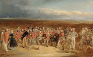 Gotowy szkic The Golfers: A Grand Match rozegrany na St. Andrews Links przez Sir Davida Bairda, Bt. i Sir Ralph Anstruther, Bt. Balcaskie, przeciwko Major Playfair i John Campbell, Esq. Glensaddell, w 1850 autorstwa Charles Lees