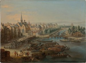 Widok na Arsenał, port Saint Paul i quai des Célestins w Paryżu, lata 30. XVIII wieku. autorstwa Charles Léopold van Grevenbroeck