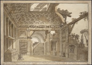 Projekt malowideł w celi Ojca Lesueura w klasztorze Santissima Trinita dei Monti w Rzymie - Charles Louis Clerisseau (1722-1820). Pióro, pędzel, tusz szaro-brązowy, kolor biały na papierze, ok. 1760. Wymiar: 36,9x53 cm. Pustelnia Państwowa, autorstwa Charles Louis Clerisseau