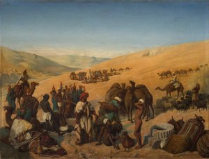 Zatrzymanie karawan przy studniach Saby Beer-Szeby na pustyni na południe od Hebronu, 1850. autorstwa Charles Louis Fredy de Coubertin