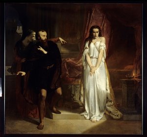 Lady Makbet Ilustracja do utworu Williama Szekspira „Makbet”. Kobieta w koszuli nocnej zostaje upokorzona przez inną kobietę na oczach przestraszonego mężczyzny. Obraz Charlesa Louisa Mullera (1815-1892) 1848 Amiens, Musee de Picardie. - Lady Makbet, ilust