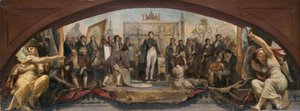 Szkic pawilonu Denona w Luwrze: Les quatre âges artistiques de la France - Présentation des plans à Napoléon, ok. 1864 (olej na płótnie) autorstwa Charles Louis Lucien Muller