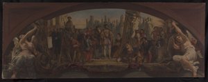 Szkic pawilonu Denona w Luwrze: Les quatre âges de la vie artistique en France - Prezentacja Franciszkowi I planów Château de Fontainebleau, ok. 1864 r. (olej na płótnie) autorstwa Charles Louis Lucien Muller