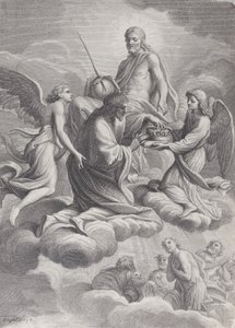 Św. Ludwik Francji przyjęty do nieba przez Chrystusa i dwóch aniołów, którzy ofiarowują mu c..., 1671-80.
