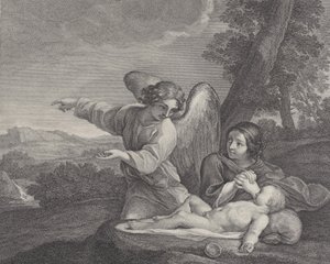 Anioł ukazujący się Hagar na pustyni, gdy składa ręce obok snu..., 1700-28.