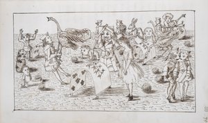 Alicja i Czerwona Królowa gra w krokieta, ilustracja z rozdziału IV „Alicji w krainie czarów” (pióro i atrament na papierze)