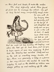 Alicja trzymająca strusia, ilustracja z filmu Alice Adventures Under Ground, wyd. 1886 (faksymile) autorstwa Charles Lutwidge Dodgson