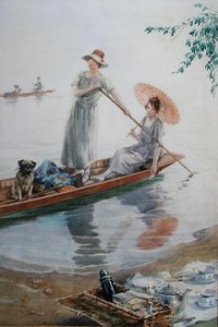 Dwie dziewczyny z mopsem wracają na piknik (akwarela na papierze) autorstwa Charles MacIvor or MacIver Grierson