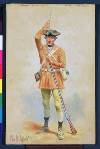 Mundury Rewolucji Amerykańskiej: prywatny strój polowy z 1st Georgia Continental Infantry (gwasz i toaleta na papierze) autorstwa Charles MacKubin Lefferts