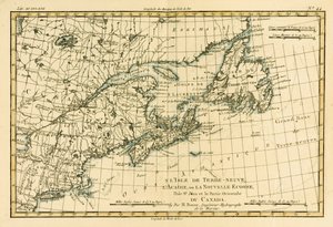 Wschodnia Kanada, Nowa Fundlandia, Nowa Szkocja i Wyspa Św. Jana, z Atlas de Toutes les Parties Connues du Globe Terrestre Guillaume Raynal (1713-96), opublikowanego przez J L Pellet, Genewa, 1780 (kolorowany en autorstwa Charles Marie Rigobert Bonne