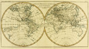 Mapa świata na dwóch półkulach, z „Atlas de Toutes les Parties Connues du Globe Terrestre” Guillaume Raynal (1713-96) opublikowana w Genewie, 1780