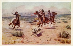 Kowboje goniące wilka z prerii autorstwa Charles Marion Russell