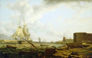 Okręt wojenny trzeciej klasy brytyjskiej Królewskiej Marynarki Wojennej wpływający do Port Mahon (Hiszpania), z małym statkiem przewożącym oficerów do doku po prawej stronie.