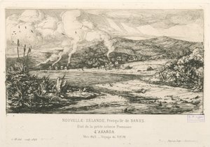 Stan małej francuskiej kolonii Akaroa, ilustracja z „Etchings of the Pacific...”