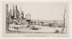 Kładka czasowa zastępująca most giełdowy, Paryż, po pożarze w 1621 r. autorstwa Charles Meryon
