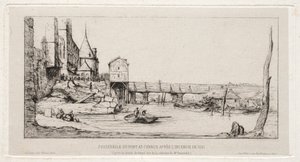 Kładka czasowa zastępująca most giełdowy w Paryżu po pożarze w latach 1621 i 1860. autorstwa Charles Meryon