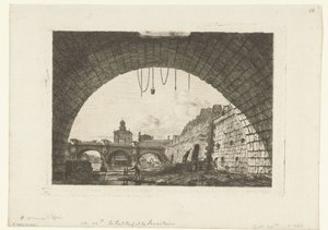 Gezicht op Pont-Neuf van onder boog Pont-au-Change w Paryżu Pont Neuf i Samaritaine spod pierwszego łuku Pont au Change autorstwa Charles Meryon