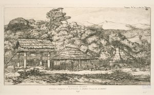 Rodzime spichlerze i mieszkania w Akaroa, Półwysep Banks, ilustracja z „Etchings of the Pacific” autorstwa Charles Meryon