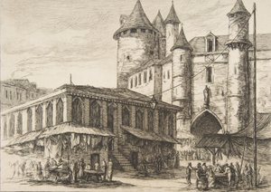 Le Grand Châtelet Grand Châtelet, Paryż ok. 1780, według wcześniejszego rysunku, 1861. autorstwa Charles Meryon