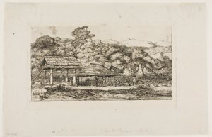Rodzime stodoły i chaty w Akaroa, Półwysep Banksa, 1845 r. autorstwa Charles Meryon