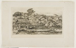 Rodzime stodoły i chaty w Akaroa, Półwysep Banksa, 1845 r. autorstwa Charles Meryon