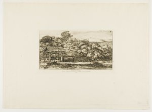 Rodzime stodoły i chaty w Akaroa, Półwysep Banksa, 1845 r. autorstwa Charles Meryon