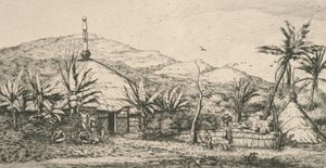 Nowa Kaledonia, Nowa Kaledonia: duża chata tubylców na chodniku do Poepo, ilustracja z "Etching of the Pacific...", 1863 autorstwa Charles Meryon