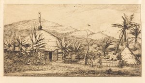 Nowa Kaledonia: Duża rdzenna chata na drodze z Ballade do Poebo, 1845 (Nowa Kaledonia: Duża rdzenna chata na drodze z Balade do Puebo, 1845)