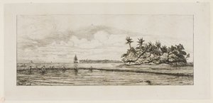Oceania: Rybołówstwo, w pobliżu wysp z palmami w grupie Uea lub Wallis, 1845 autorstwa Charles Meryon