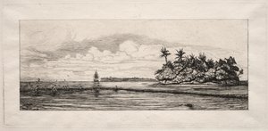 Oceania: Łowienie ryb w pobliżu wysp z palmami w grupie Uea lub Wallis, 1863. autorstwa Charles Meryon