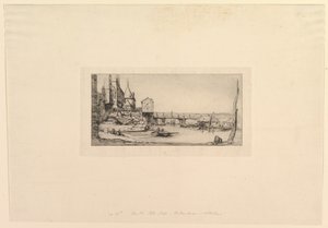Kładka Pont-au-Change, po pożarze w 1621 r. Kładka czasowo zastąpiona, 1860 r. autorstwa Charles Meryon