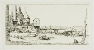 Kładka tymczasowo zastępująca most Pont-au-Change, Paryż, po pożarze w 1621 r. autorstwa Charles Meryon