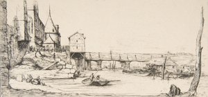Kładka tymczasowo zastępująca most Pont-au-Change, Paryż, po pożarze w 1621 r., po..., 1860 r. autorstwa Charles Meryon