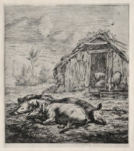 Trzy świnie leżące przed chlewem, 1850. autorstwa Charles Meryon