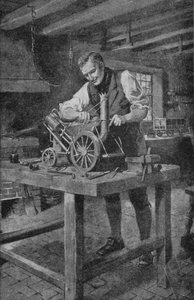 George Stephenson pracujący nad modelem swojej rakiety, silnika, który umożliwił powstanie kolei (lito)