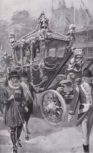 Król Edward VII i królowa Aleksandra w autokarze wracają z koronacji w Opactwie Westminsterskim w Londynie autorstwa Charles Mills (after) Sheldon