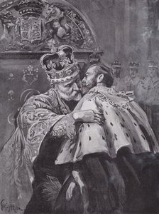 Król Edward VII obejmujący swego syna, księcia Walii, podczas koronacji króla, Westminster Abbey, Londyn