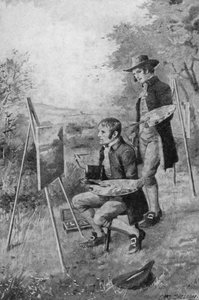 Wiejski hydraulik pomaga młodemu Johnowi Constable namalować scenę w Suffolk (litografia)