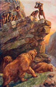 Prehistoryczni ludzie atakują wielkie niedźwiedzie jaskiniowe autorstwa Charles Mills Sheldon